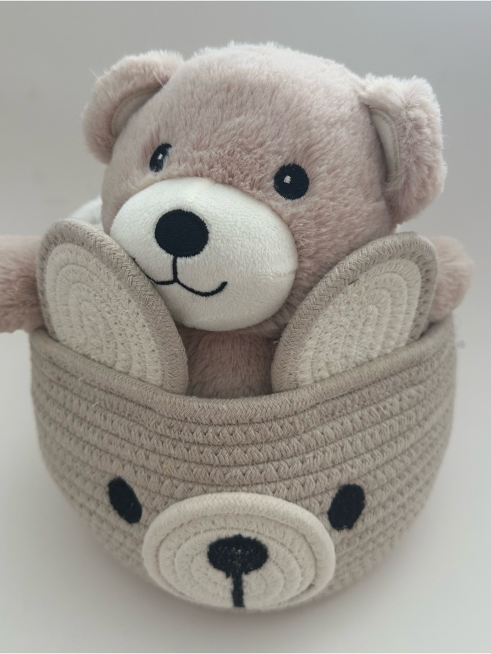 Plush Teddy Bear Baby Basket in Light Beige
